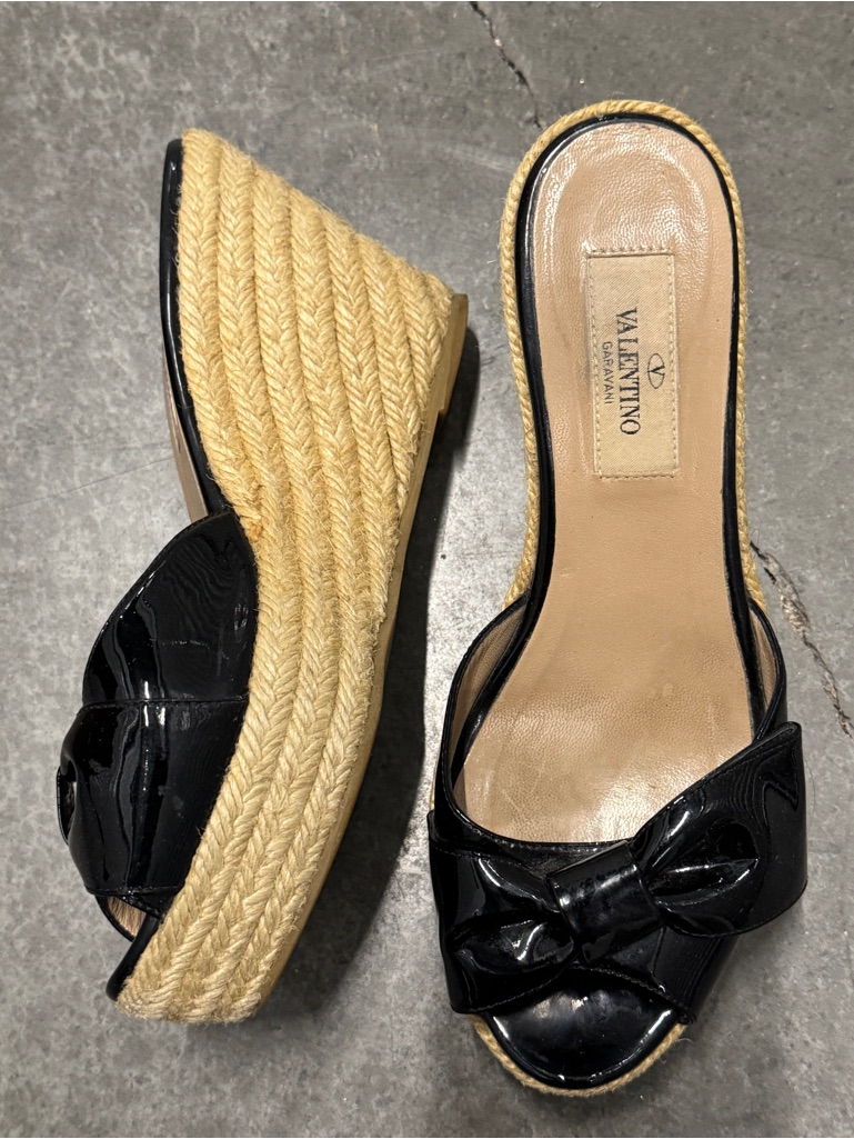 Valentino Garavani Black Patent Leather Bow Espadrille Wedge Mule